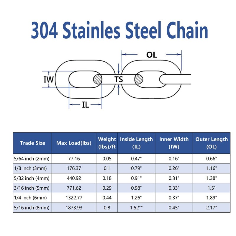 JENSWILL 5/32 inch (4mm) -6.5ft(Length) Stainless Steel 304 Chain,Metal Chain Utility Chain Heavy Duty Chain for Guardrail, Swing, Lifting, Trailer,Pet,Hanging Clothes with 2 Shackles - Image 2
